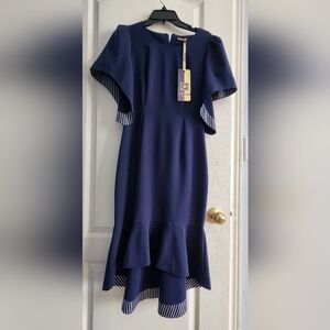 Elegant Navy Blue Ruffle Hem Women's Dress NWOT